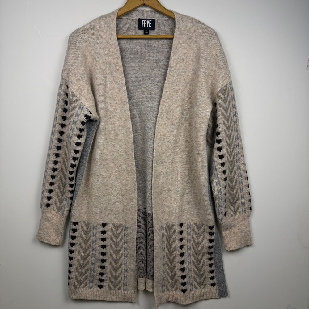 Frye Womens Open Front Cardigan Sweater Beige Grey Fall Soft Warm Mid Thigh M